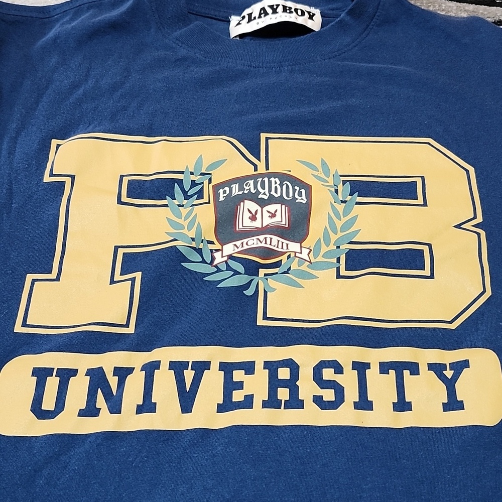 PLAYBOY UNIVERSITY CAMPUS BLUE GRAPHIC CREW-NECK SHORT-SLEEVE TEE-SHIRT